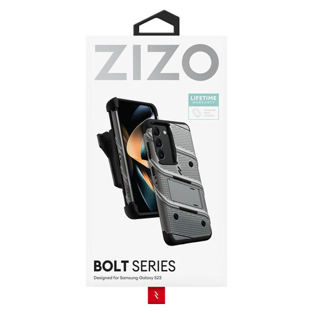 ZIZO BOLT Series - Armoured case for Samsung Galaxy S23 with 9H glass for screen + holder with stand (Grey)