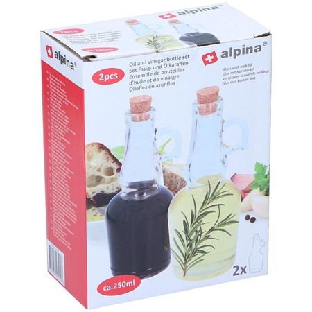 SZKLANA BUTELKA NA OLIWĘ I OCET ZESTAW, 250ml, z Korkiem, Alpina, 2szt