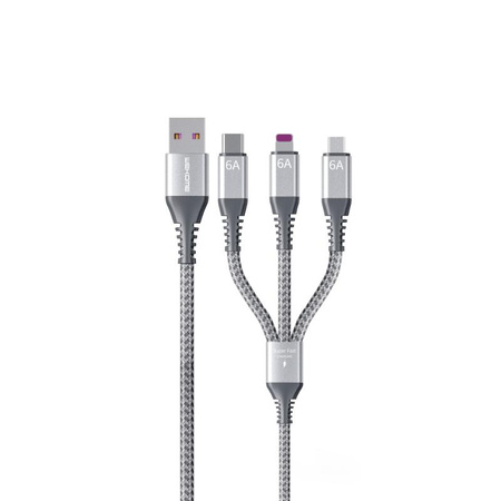WEKOME WDC-170 Raython Series - připojovací kabel 3 v 1 USB-A na USB-C + Lightning + Micro USB Fast Charging PD 1,2 m (stříbrný)