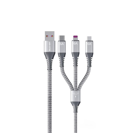 WEKOME WDC-170 Raython Series - 3-en-1 USB-A vers USB-C + Lightning + Micro USB Fast Charging PD Connection Cable 1.2 m (Silver)