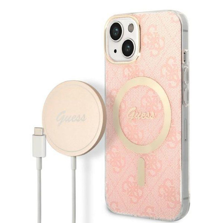 Guess Bundle Pack MagSafe 4G - MagSafe iPhone 14 Plus Tasche + Ladegerät-Set (rosa/gold)