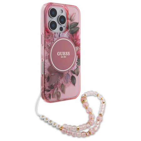 Guess IML Flowers With Pearl Strap MagSafe - pouzdro pro iPhone 16 Pro (růžové)