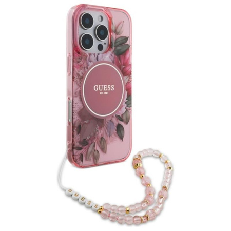 Guess IML Flowers With Pearl Strap MagSafe - Case for iPhone 16 Pro (Pink)