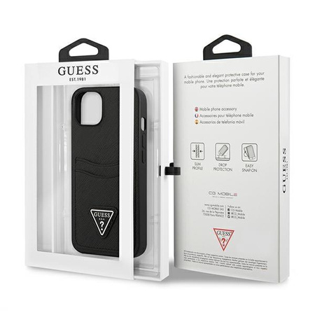 Guess Saffiano Double Card Triangle - pouzdro pro iPhone 13 mini (černé)