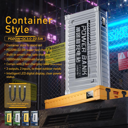 WEKOME WP-341 Container Series - Power bank 20000 mAh Super Charging integrált USB-C és Lightning PD kábellel 20W + QC 22.5W (ezüst)