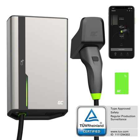 Green Cell - HabuDen Wallbox 22kW 32A 7.5m Type 2 charger for EV charging with GC Bluetooth WiFi NFC app