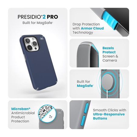 Speck Presidio2 Pro Magsafe - Hülle für iPhone 15 Pro (Küstenblau / Staubgrau / Weiß)