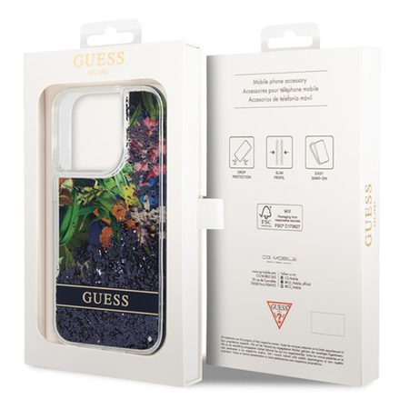 Guess Liquid Glitter Flower - pouzdro pro iPhone 14 Pro Max (modré)