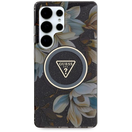 Guess Glitter Flowers Triangle Buttons MagSafe - Etui do Samsung Galaxy S25 Ultra (czarny)