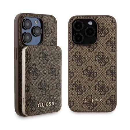 Guess Bundle Pack MagSafe 4G Metal Gold Logo - sada pouzdra + Power Bank 5000mAh MagSafe iPhone 15 Pro Max (hnědá)