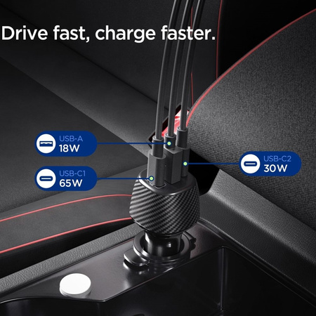 Spigen Essential EV1133 - Car Charger 2x USB-C PD & USB-A QC3.0 113W + 100W USB-C Cable 1 m (Black)