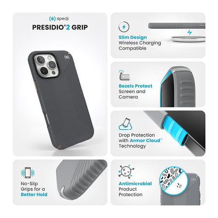 Speck Presidio2 Grip - pouzdro pro iPhone 16 Pro Max (Charcoal Grey / Cool Bronze / White)