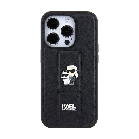 Karl Lagerfeld Gripstand Saffiano Karl & Choupette Pins - Coque iPhone 14 Pro (noir)