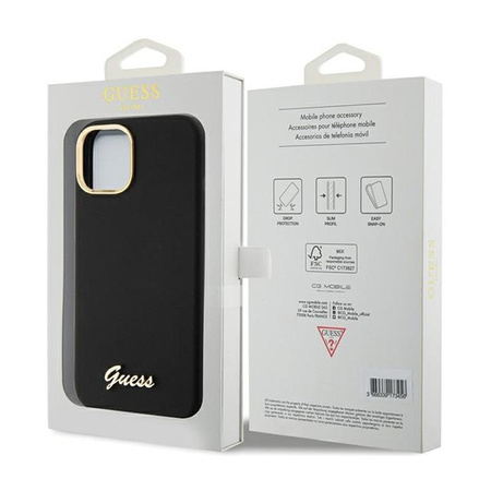 Guess Silicone Script Metal Logo & Frame - Coque iPhone 15 (noir)