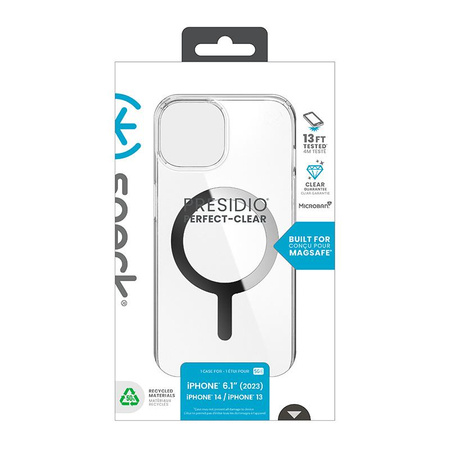 Speck Presidio Perfect-Clear MagSafe - pouzdro iPhone 16e / iPhone 15 / iPhone 14 / iPhone 13 (čiré / chromované provedení / stříbrná barva)