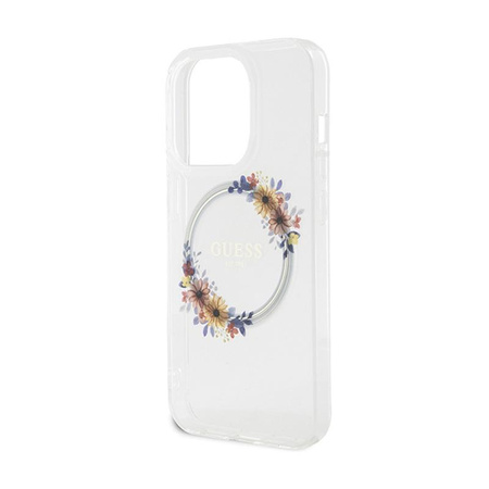 Guess IML Flowers Wreath MagSafe - Coque pour iPhone 15 Pro Max (Transparent)