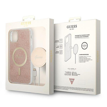 Guess Bundle Pack MagSafe 4G - MagSafe iPhone 11 case + charger set (pink/gold)