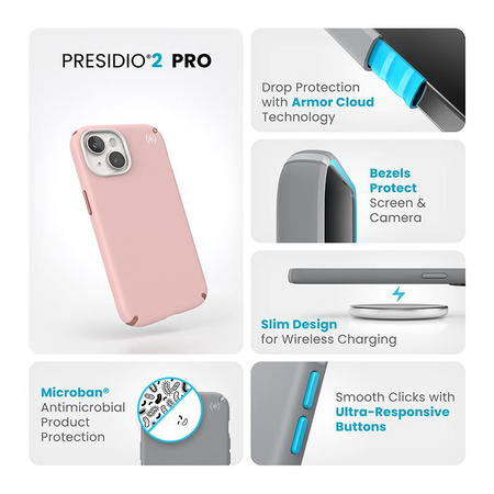 Speck Presidio2 Pro - Coque iPhone 16e / iPhone 15 / iPhone 14 / iPhone 13 (Rose Dahlia / Cuivre Rose / Blanc)