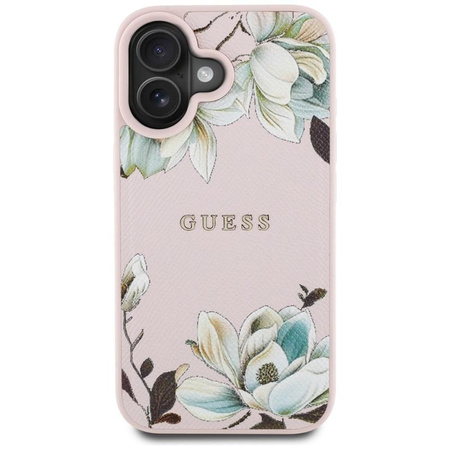 Guess Grained Flower Pattern MagSafe - étui pour iPhone 16 (rose)