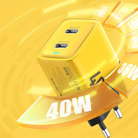 WEKOME WP-U128 - 2x USB-C Super Fast Charge GaN 40W mains charger (Yellow)