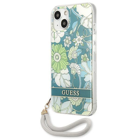 Guess Flower Cord - Etui avec dragonne iPhone 13 (Vert)