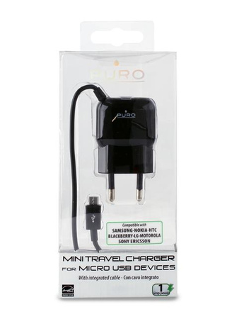 PURO Mini Travel Charger - Tragbares Wandladegerät mit Micro-USB-Kabel (Schwarz)
