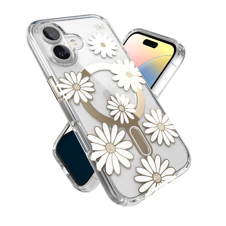 Speck Presidio Lux ClickLock & MagSafe - Coque pour iPhone 16 (Sunshine Daisies / Clear / Gold)