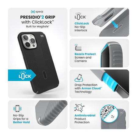 Speck Presidio2 Grip ClickLock & MagSafe - Coque pour iPhone 16 Pro Max (Noir / Gris ardoise / Blanc)