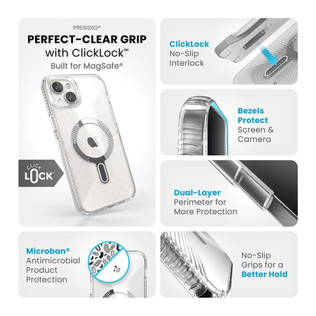 Speck Presidio Perfect-Clear Grip ClickLock & MagSafe - Coque iPhone 15 Plus / iPhone 14 Plus (Clair / Finition Chrome / Argent Serein)