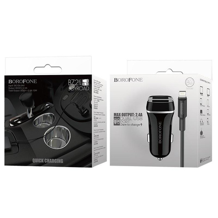 Ładowarka Samochodowa 2x USB Borofone 12W + Kabel Lightning 1m Czarna