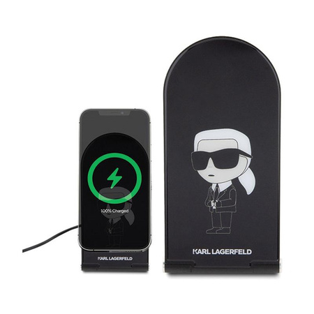 Karl Lagerfeld Ikonik MagSafe - Skládací indikátorová nabíječka 2 v 1 s MagSafe pro iPhone a AirPods 15W (černá)