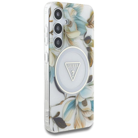 Guess Glitter Flowers Triangle Buttons MagSafe - tok Samsung Galaxy S25 (fehér)