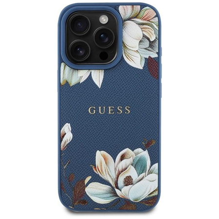 Guess Genarbtes Blumenmuster MagSafe - Hülle für iPhone 16 Pro Max (blau)