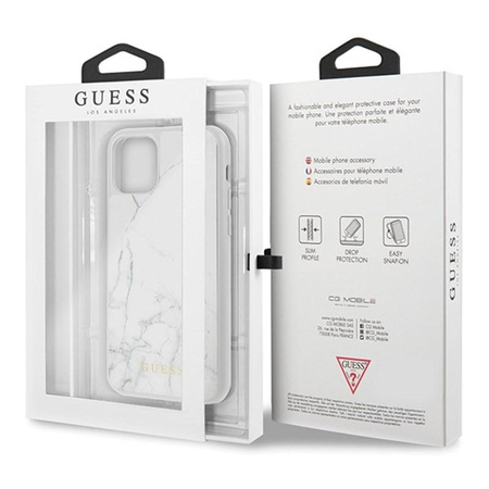 Coque rigide en verre trempé Guess Marble - Coque iPhone 11 Pro (blanc)