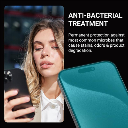 Crong Anti-Bacterial 3D Armour Glass - 9H voll Bildschirm gehärtetes Glas für iPhone 15 Pro + Installationsrahmen