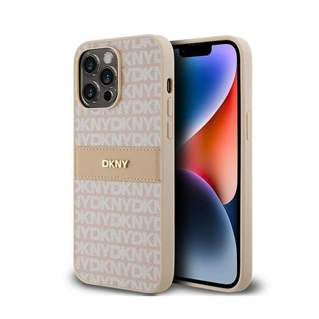 DKNY bőr egyszínű csíkos és fém logóval - iPhone 14 Pro Max tok (rózsaszín)