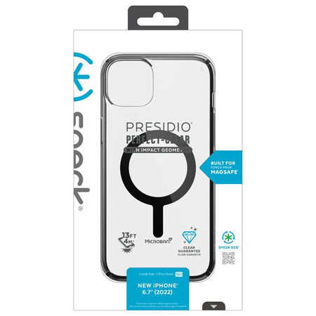 Speck Presidio Perfect-Clear with Impact Geometry + MagSafe - iPhone 14 Plus Case with MICROBAN Coating (Clear / Black)