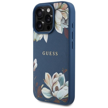 Guess Genarbtes Blumenmuster MagSafe - Hülle für iPhone 16 Pro Max (blau)