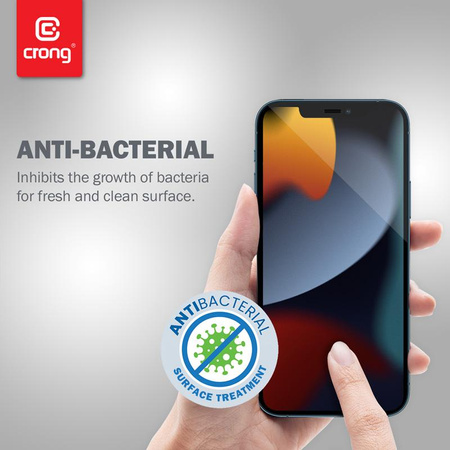 Crong antibakteriális 3D páncélüveg - 9H edzett üveg teljes képernyőre iPhone 16e / iPhone 14 / iPhone 13 / iPhone 13 Pro + beszerelési kerethez