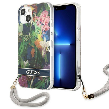 Guess Flower Cord - pouzdro se šňůrkou na iPhone 13 (modré)