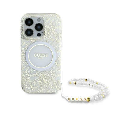 Guess IML Blumen Allover Elektro mit Perle Riemen MagSafe - iPhone 16 Pro Max Fall (weiß)