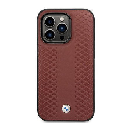 BMW Leather Diamond Pattern - Tasche für iPhone 14 Pro (Burgundisch)