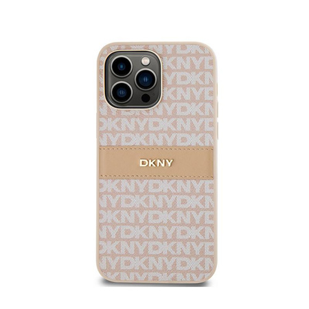 Kožené pouzdro DKNY Mono Stripe & Metal Logo - iPhone 14 Pro (růžové)