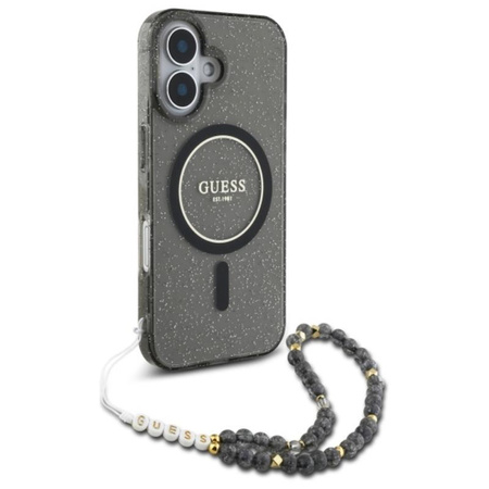 Guess IML Glitter With Pearl Strap MagSafe - Pouzdro pro iPhone 16 (Černé)