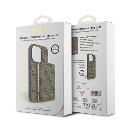Guess Bundle Pack MagSafe 4G Metal Gold Logo - sada pouzdra + Power Bank 5000mAh MagSafe iPhone 15 Pro Max (hnědá)