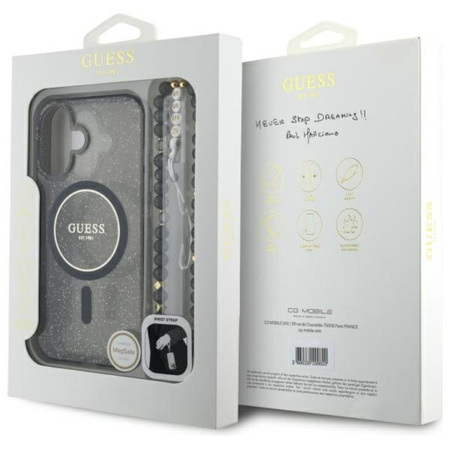 Guess IML Glitter gyöngyház szíjjal MagSafe - iPhone 16 tok (fekete)