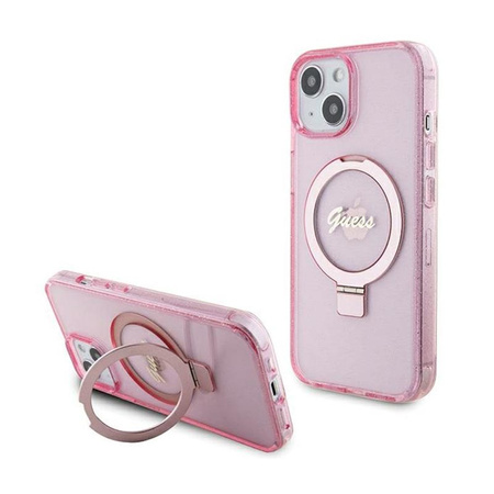 Guess Ring Stand Script Glitter MagSafe - Coque iPhone 15 Plus (rose)