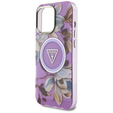 Guess Glitter Flowers Triangle Buttons MagSafe - Hülle für iPhone 16 Pro Max (violett)