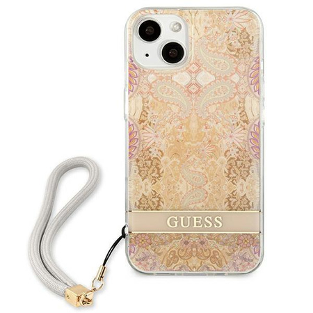 Guess Flower Cord - Case with lanyard iPhone 13 mini (Gold)