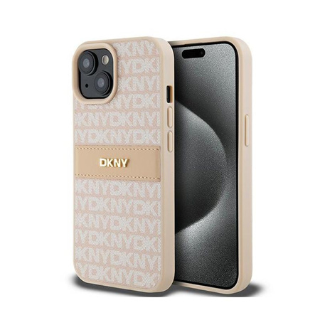 Kožené pouzdro DKNY Mono Stripe & Metal Logo - iPhone 15 Plus / 14 Plus (růžové)